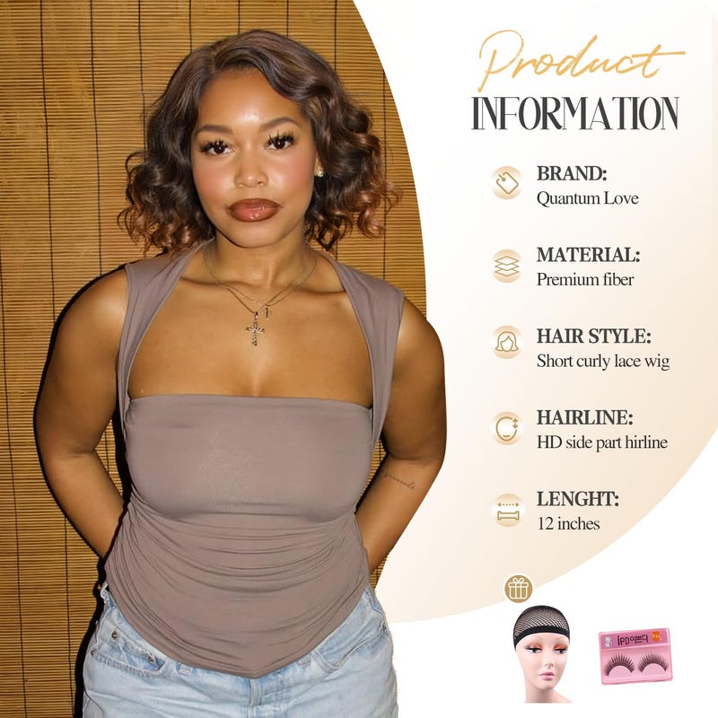 Quantum Love Short Curly Wavy Wigs Curly Bob Lace Front Wig for Women Short Body Wave Side Part Synthetic Mix Brown Wig 14 inches - Image 3